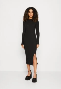 Even&Odd Circ Long Sleeves Midi High Slit Dress - Robe Pull - Black